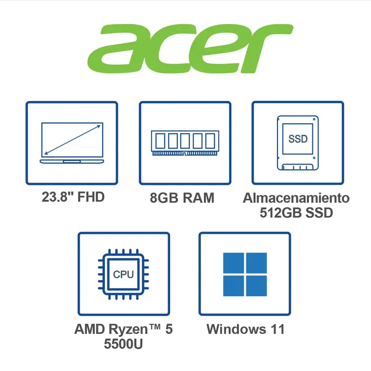 Computador All In One ACER 23.8" Pulgadas AIO COR585 AMD Ryzen 5 - RAM 8GB - Disco SSD 512GB - Plateado