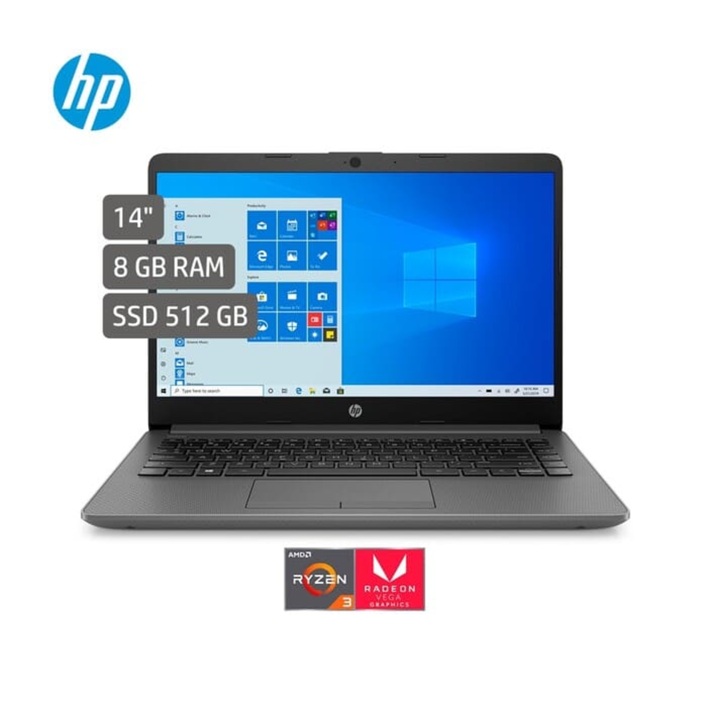 Computador Portátil HP 14" Pulgadas dk1009 - AMD Ryzen 3 - RAM 8GB - Disco SSD 512 GB - Negro