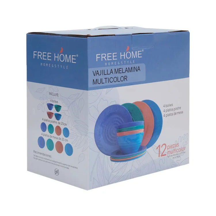 Vajilla FREE HOME 4 Puesto/12 Piezas Melamina Multicolor