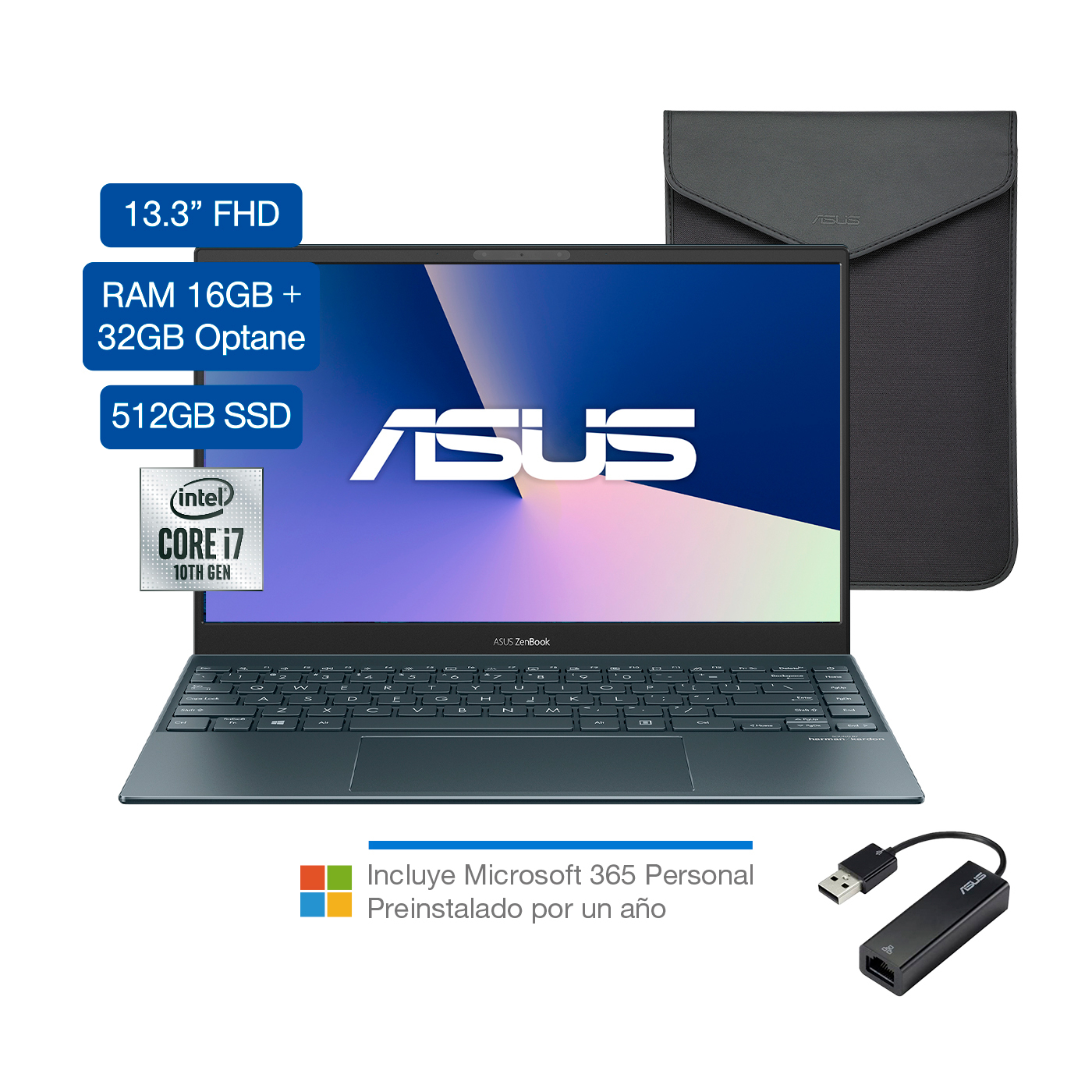 Computador Portátil ASUS ZenBook 13,3" Pulgadas UX325JA Intel Core i7 RAM 16GB + 32GB Intel Optane Disco SSD 512 GB - Gris