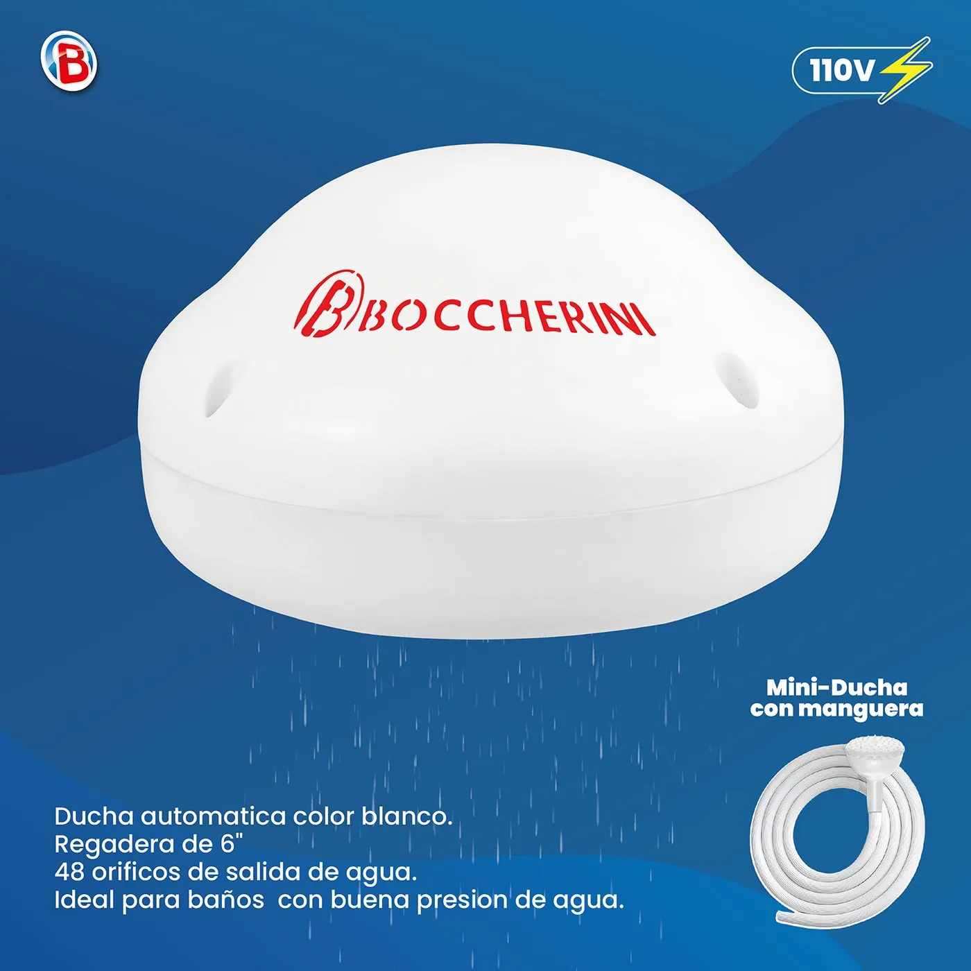 Ducha Electrica BOCCHERINI Premium Zent Blanca 120V con Manguera