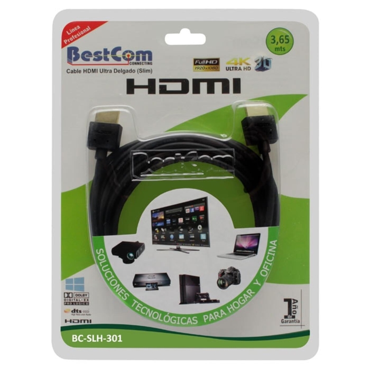 Cable BESTCOM HDMI a HDMI HD 3D 4K con canal de Ethernet de 3.65 Metros