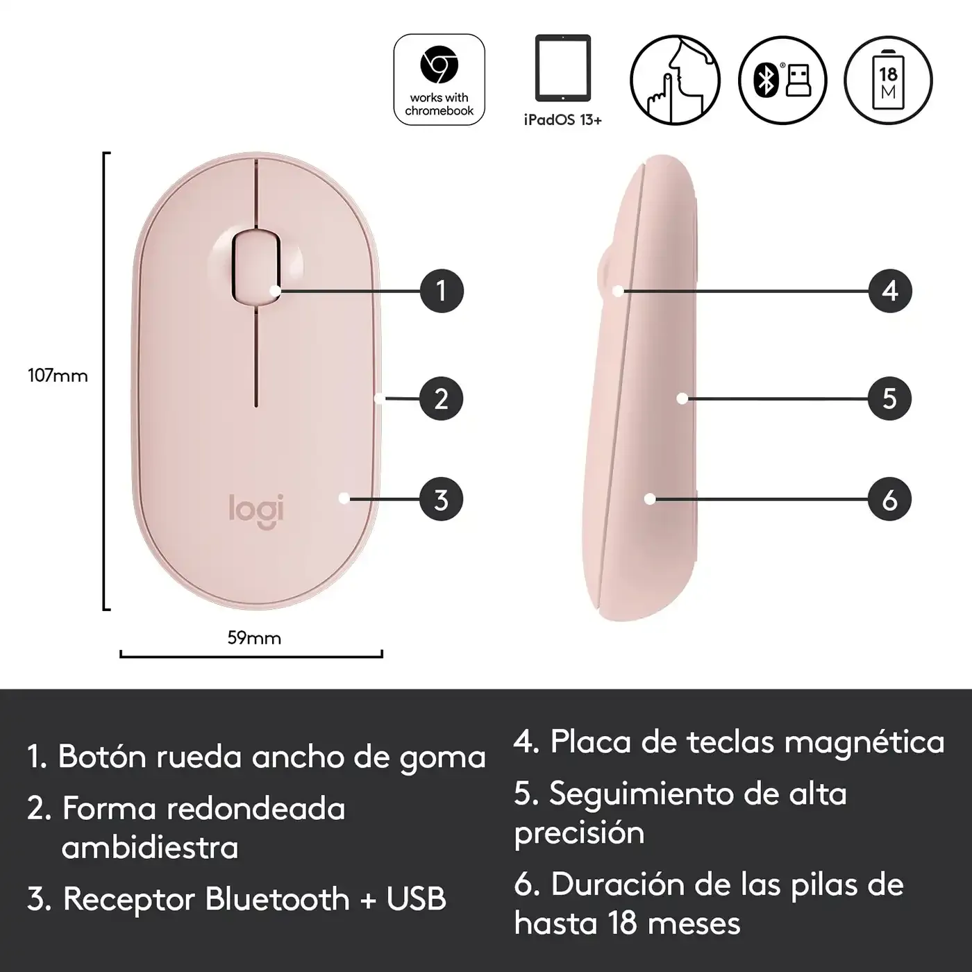 Mouse LOGITECH Bluetooth Óptico M350 Rosado