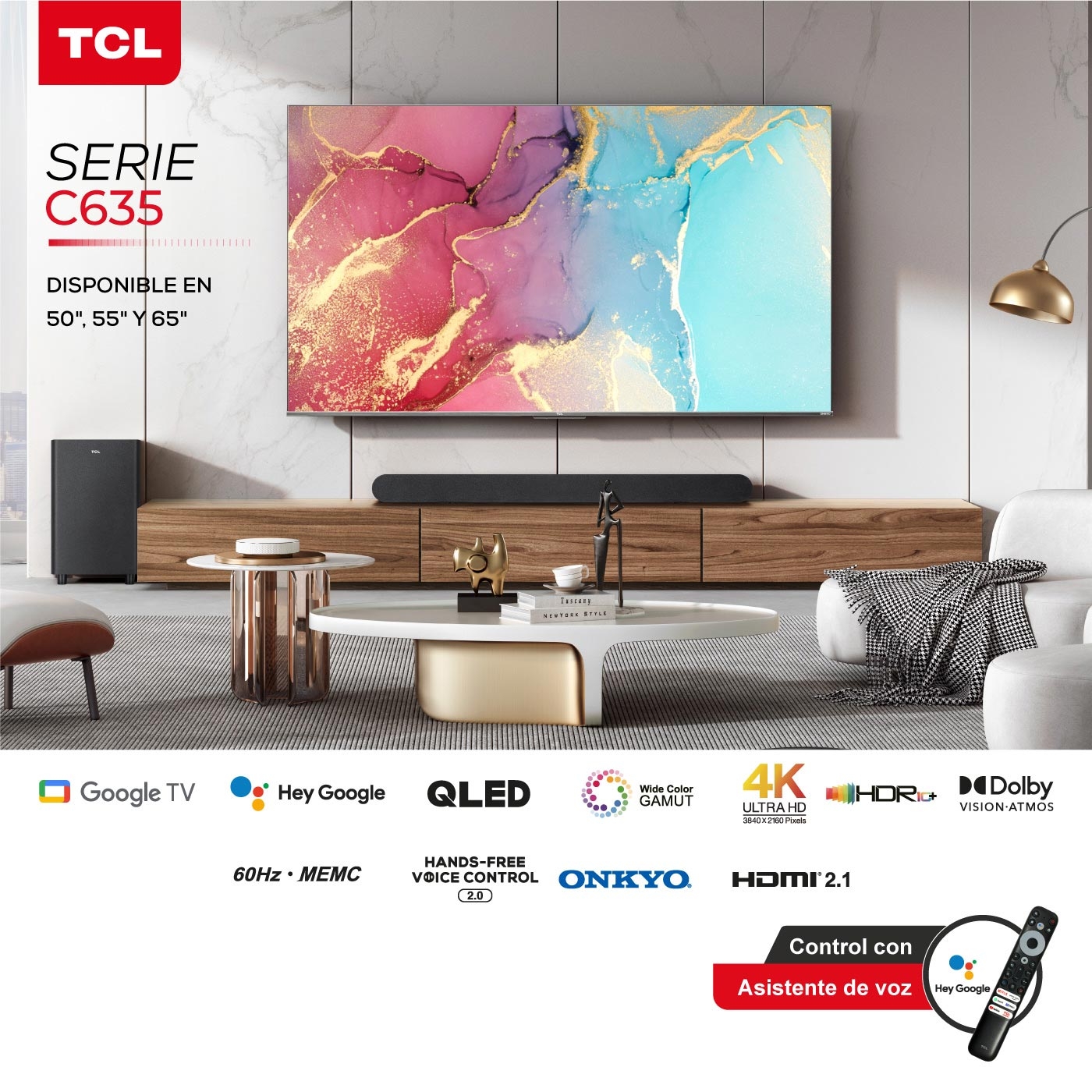 TV TCL 55" Pulgadas 139 cm 55C635 4K-UHD QLED Plano Smart TV Google