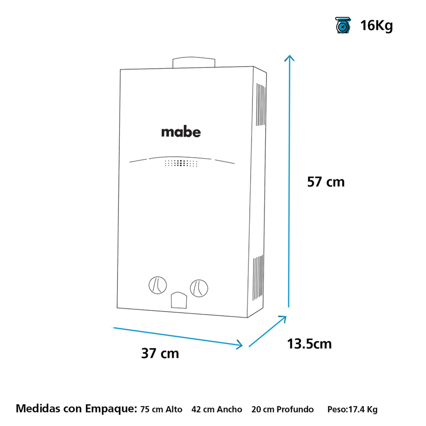 Calentador de Paso MABE 16 Litros Tiro Forzado CPGM1630BN Calentador de Paso MABE 16 Litros Tiro Forzado CPGM1630BN