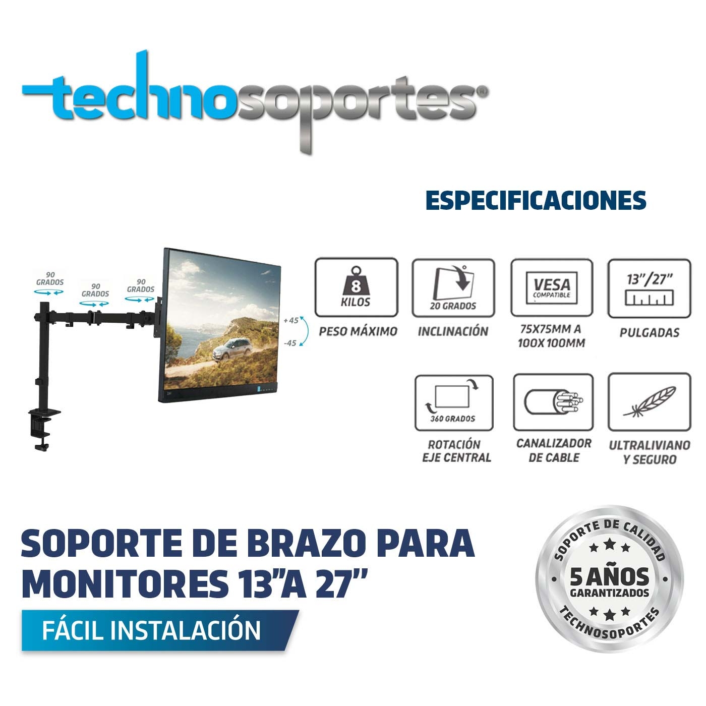Soporte TECHNOSOPORTES Escualizable para Monitor de 13" a 27" Soporte TECHNOSOPORTES Escualizable para Monitor de 13