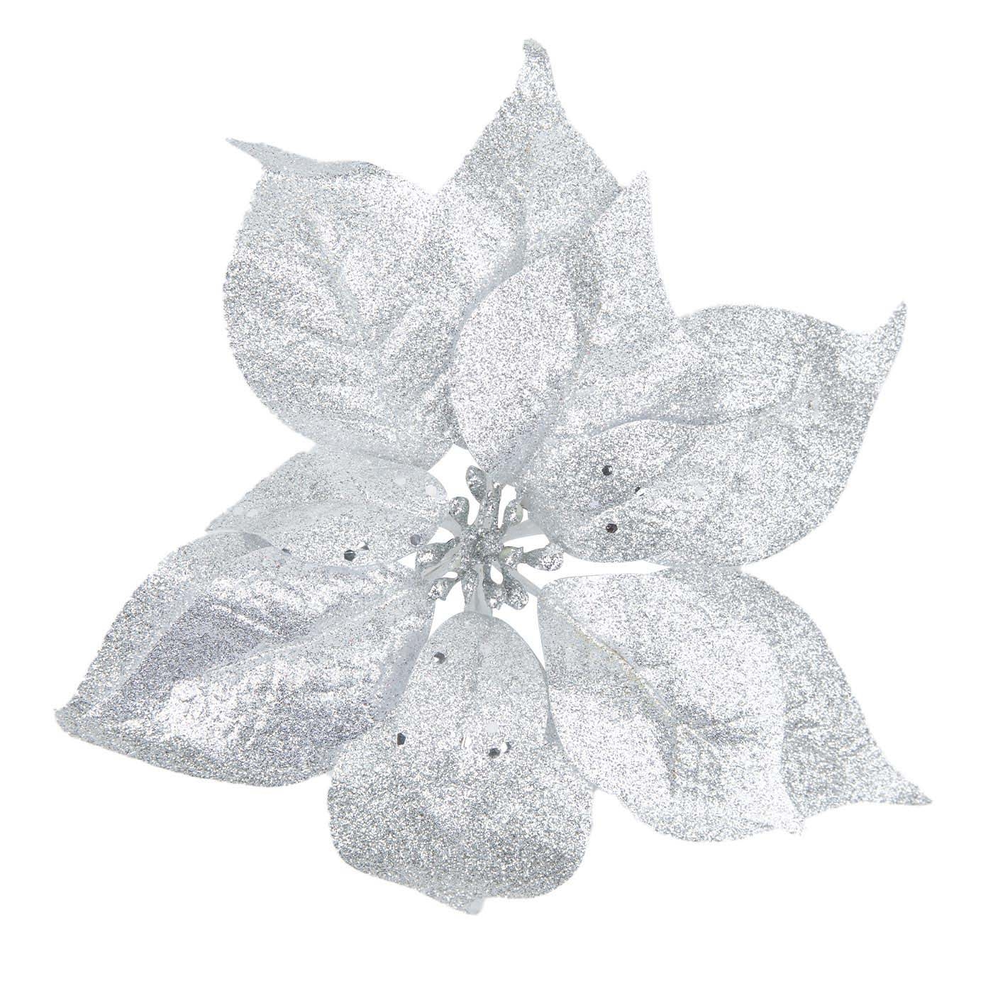 Adorno Navideño Rama Flor JOY Poinsettia Plateada Clip Adorno Navideño Rama Flor JOY Poinsettia Plateada Clip