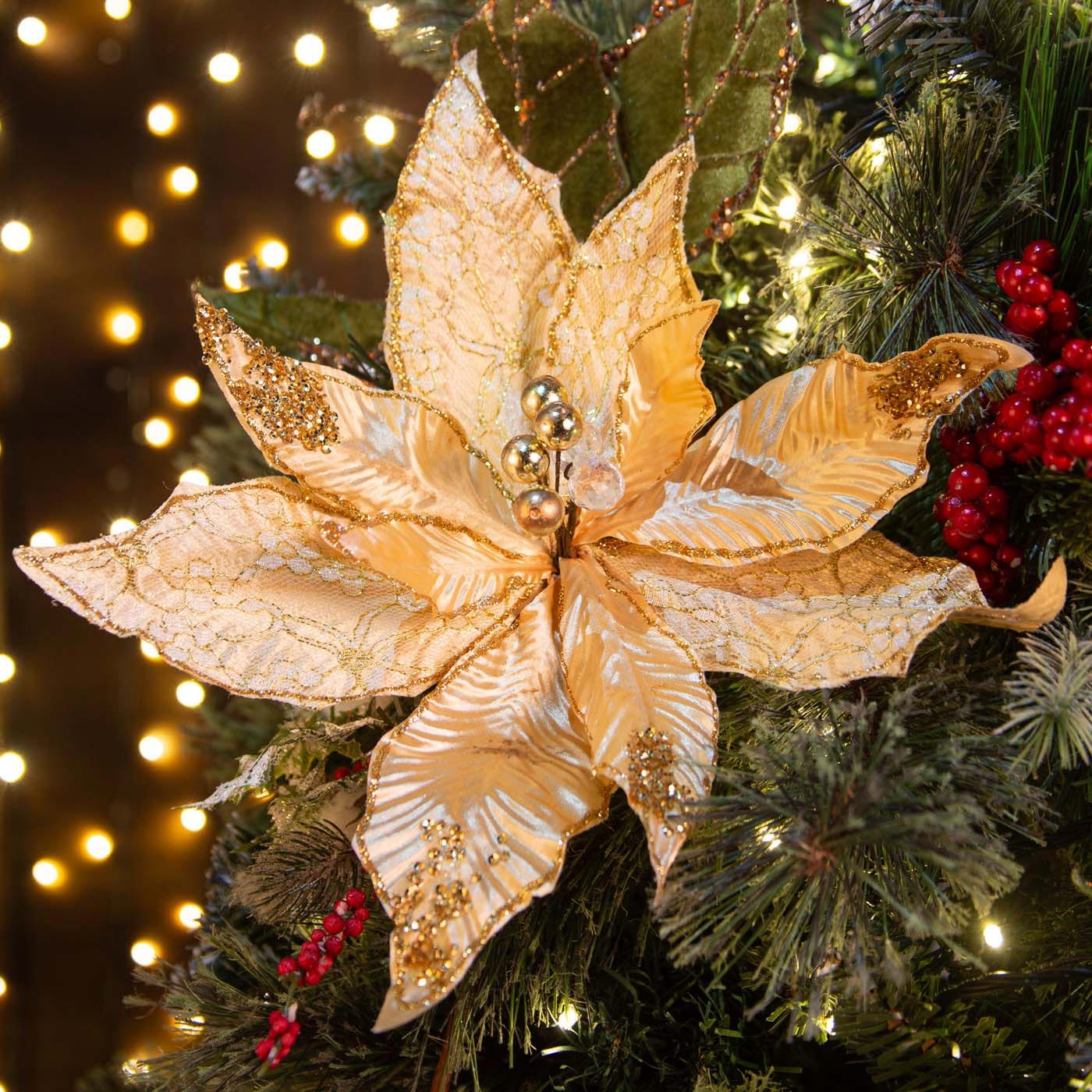 Adorno Navideño Rama Flor JOY Poinsettia Dorada 55 cm Adorno Navideño Rama Flor JOY Poinsettia Dorada 55 cm