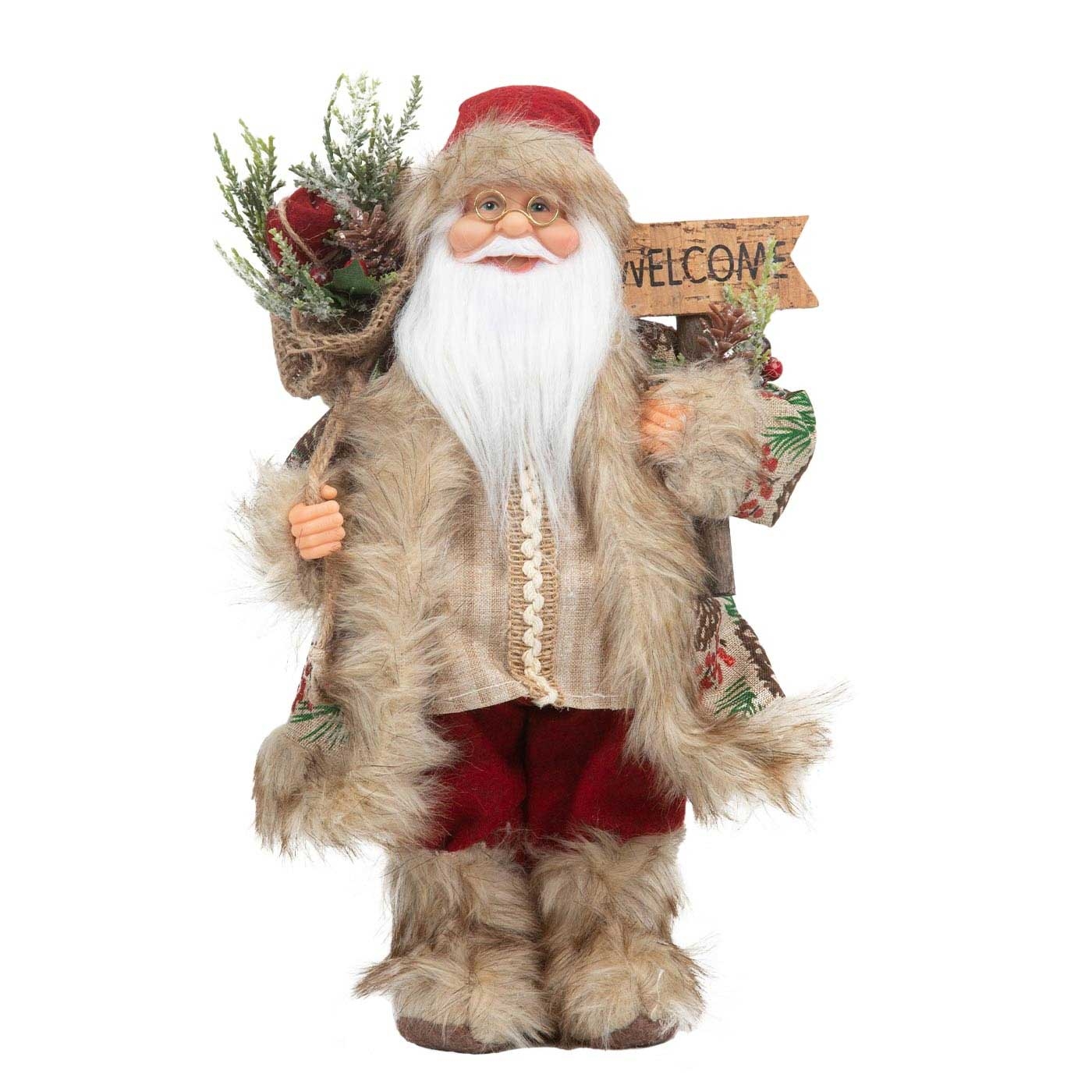 Muñeco Papá Noel JOY con Abrigo Café y Letrero Welcome 30 cm Muñeco Papá Noel JOY con Abrigo Café y Letrero Welcome 30 cm