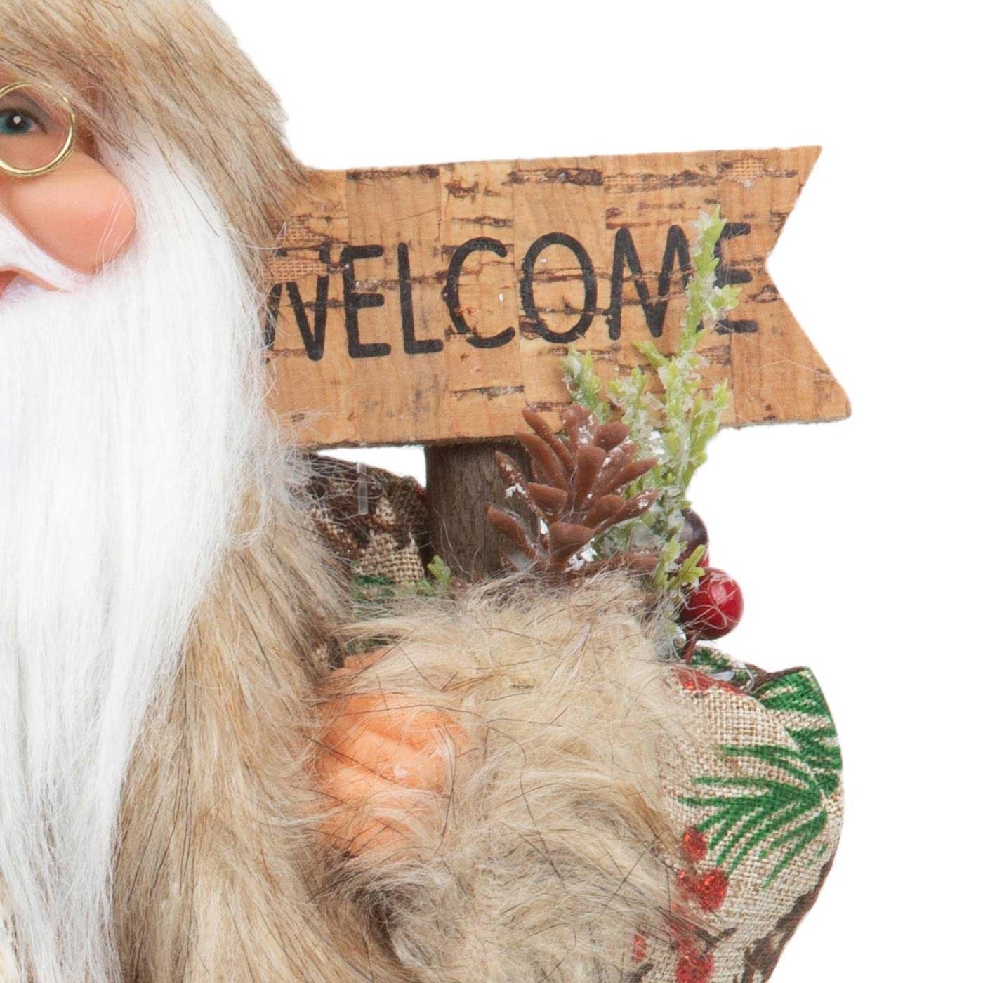 Muñeco Papá Noel JOY con Abrigo Café y Letrero Welcome 30 cm Muñeco Papá Noel JOY con Abrigo Café y Letrero Welcome 30 cm