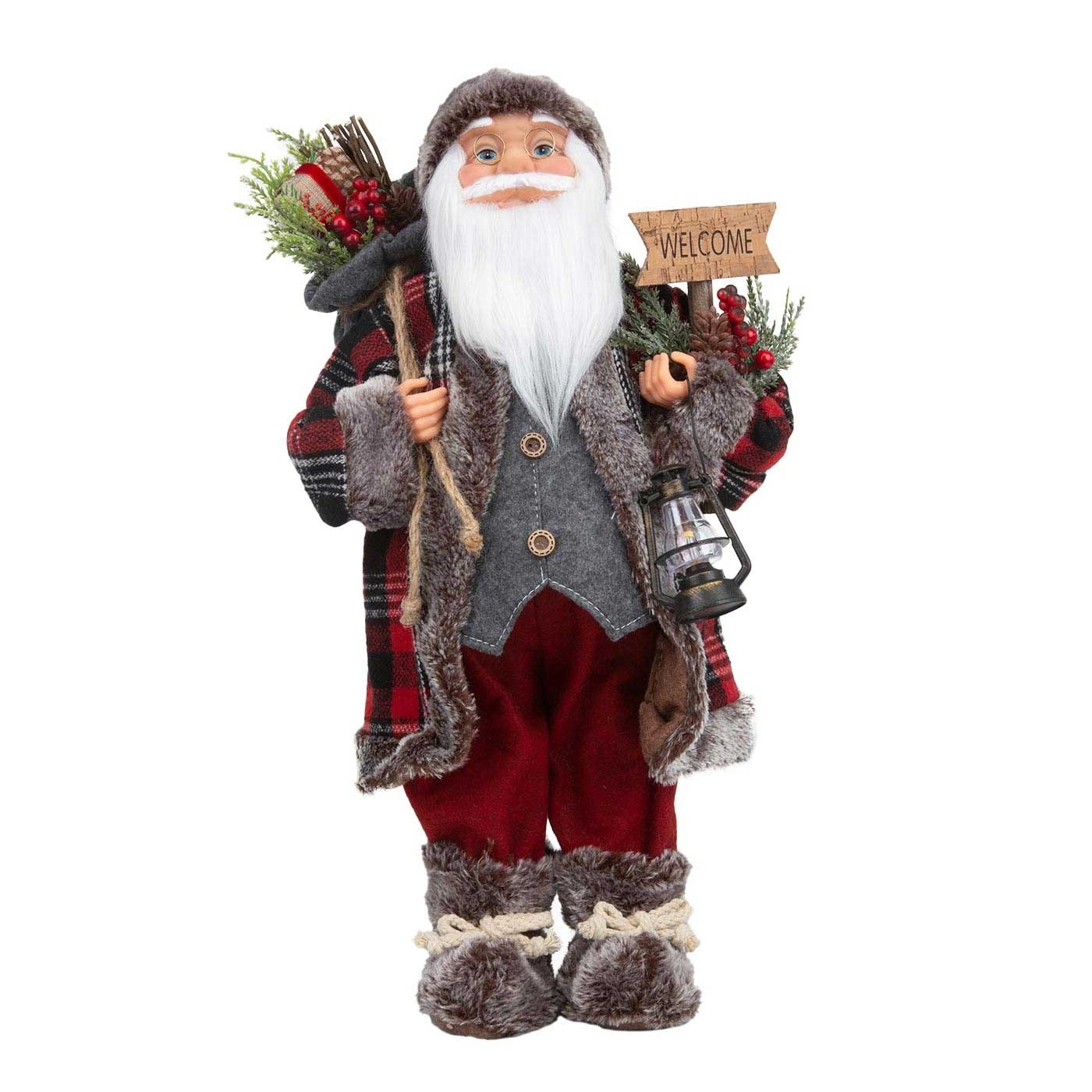 Muñeco Papá Noel JOY con Bolsa de Regalos, Farol y Letrero 45 cm Muñeco Papá Noel JOY con Bolsa de Regalos, Farol y Letrero 45 cm