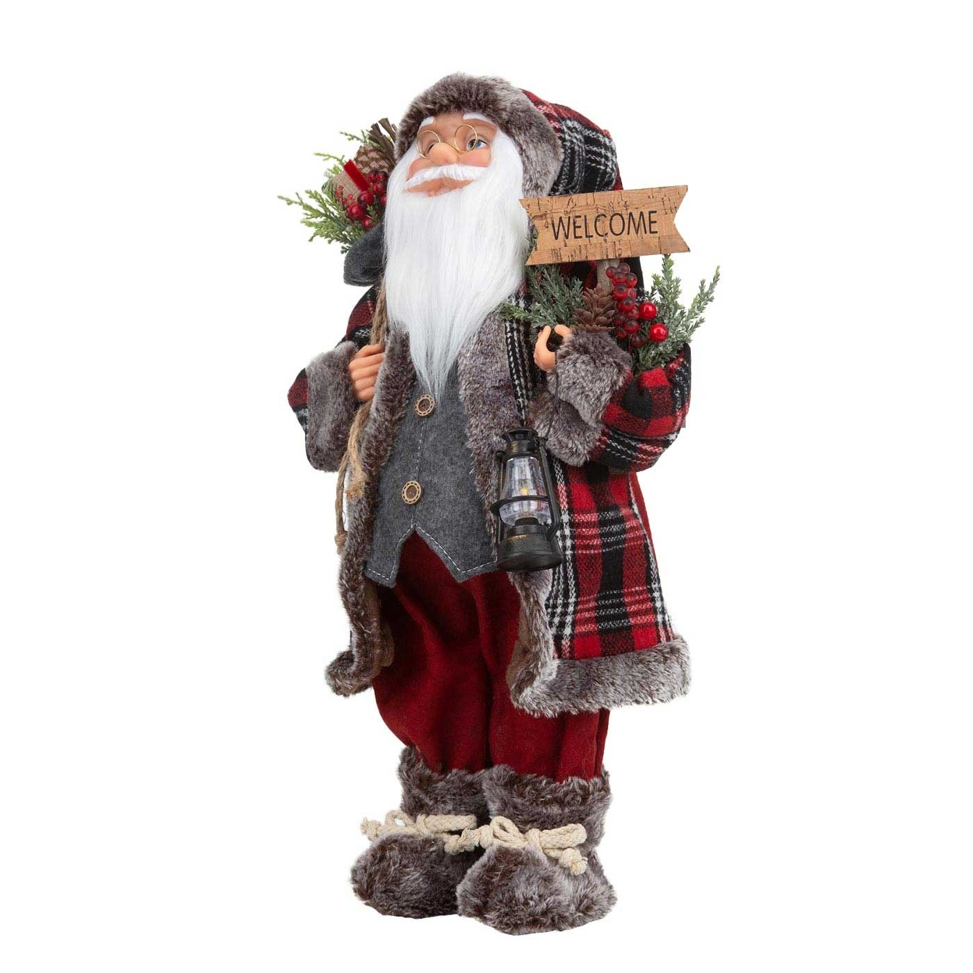 Muñeco Papá Noel JOY con Bolsa de Regalos, Farol y Letrero 45 cm Muñeco Papá Noel JOY con Bolsa de Regalos, Farol y Letrero 45 cm