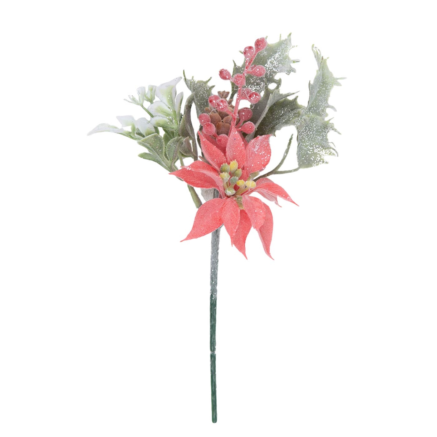 Adorno Navideño Rama Flor JOY con Hojas, Berry y Poinsettia Tallo Corto 33 cm Adorno Navideño Rama Flor JOY con Hojas, Berry y Poinsettia Tallo Corto 33 cm