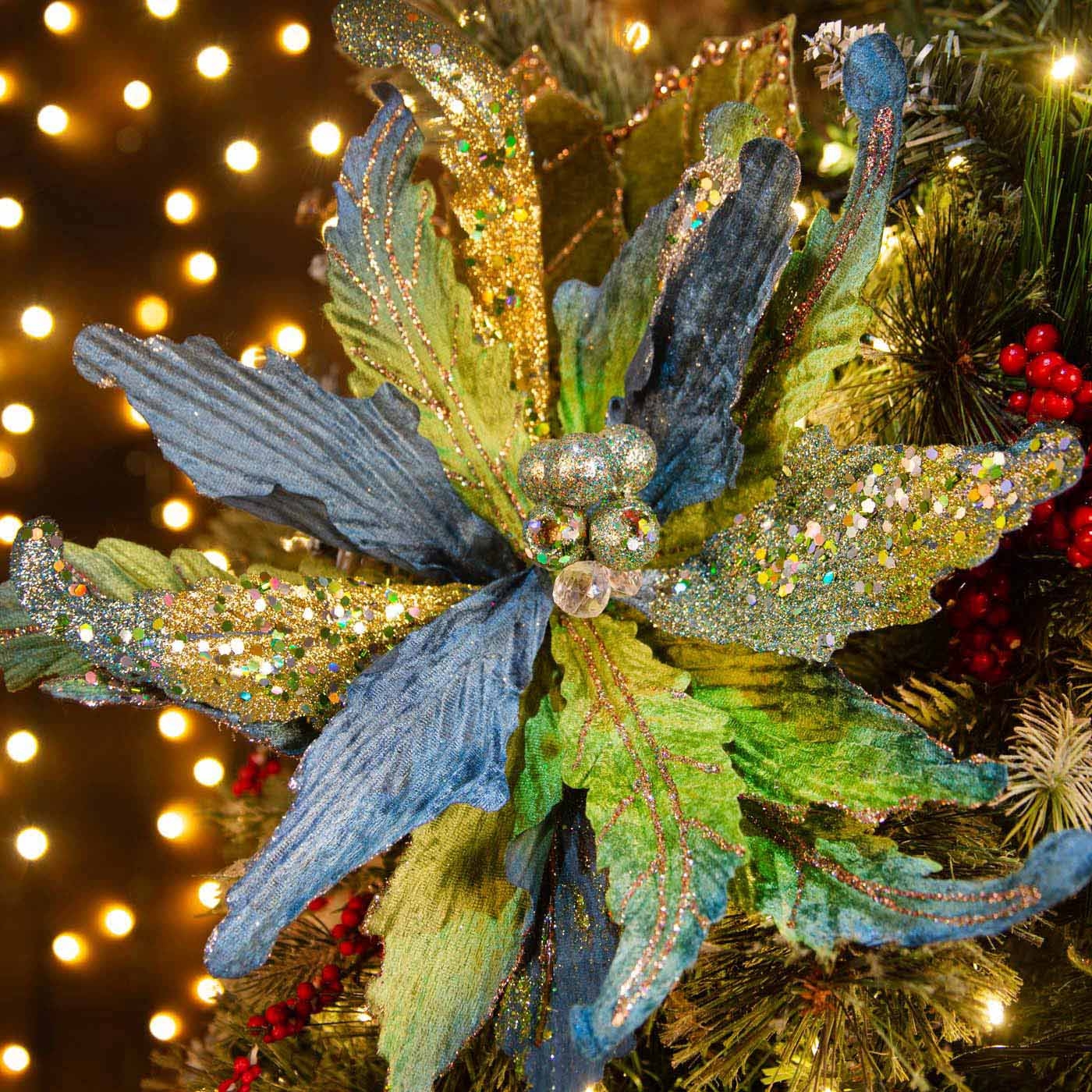 Adorno Navideño Rama Flor JOY Poinsettia Azul/Verde 70 cm Adorno Navideño Rama Flor JOY Poinsettia Azul/Verde 70 cm