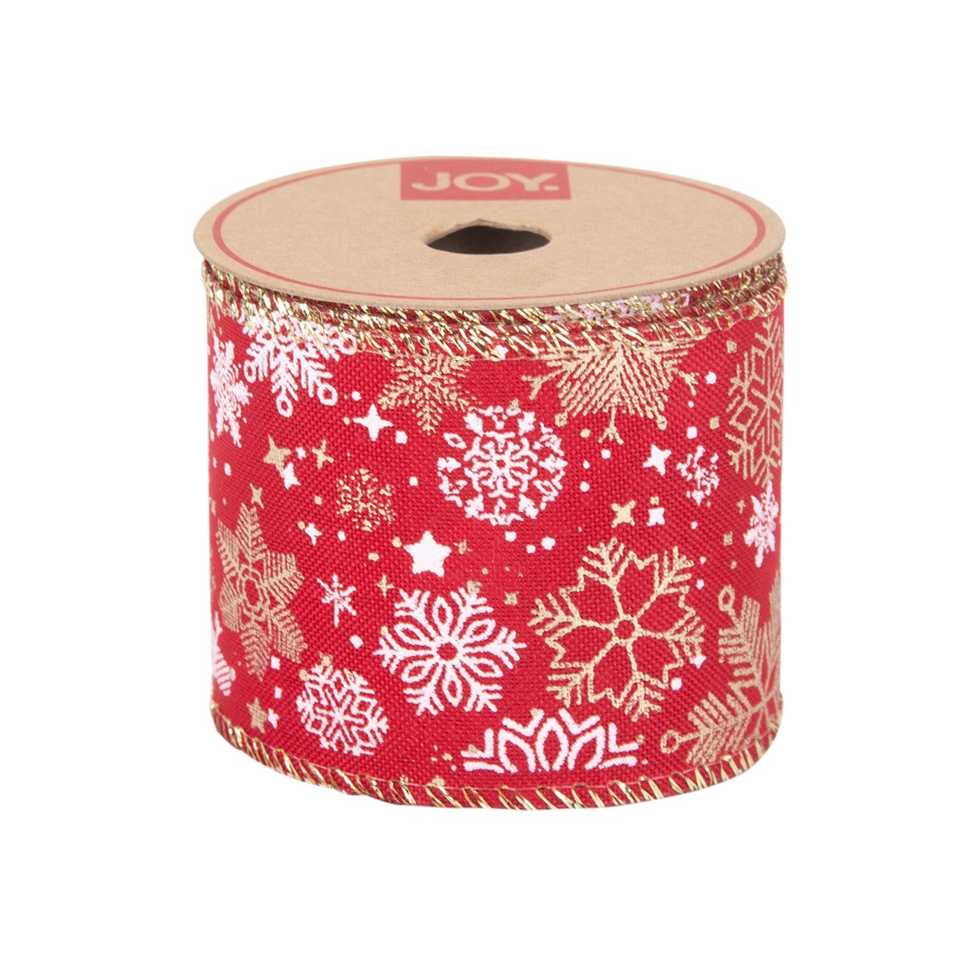 Cinta Navideña JOY Roja con Copos de Nieve Blanco/Dorada 6.3 cm Cinta Navideña JOY Roja con Copos de Nieve Blanco/Dorada 6.3 cm