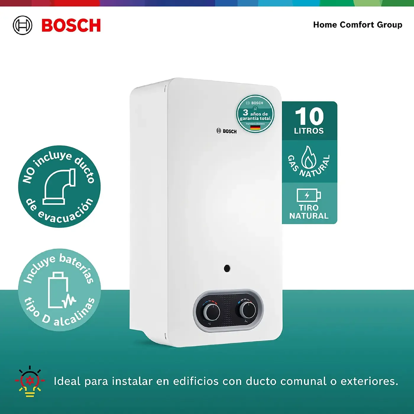 Calentador de Paso BOSCH 10LTS Tiro Natural Gas Natural Therm 2200 Blanco