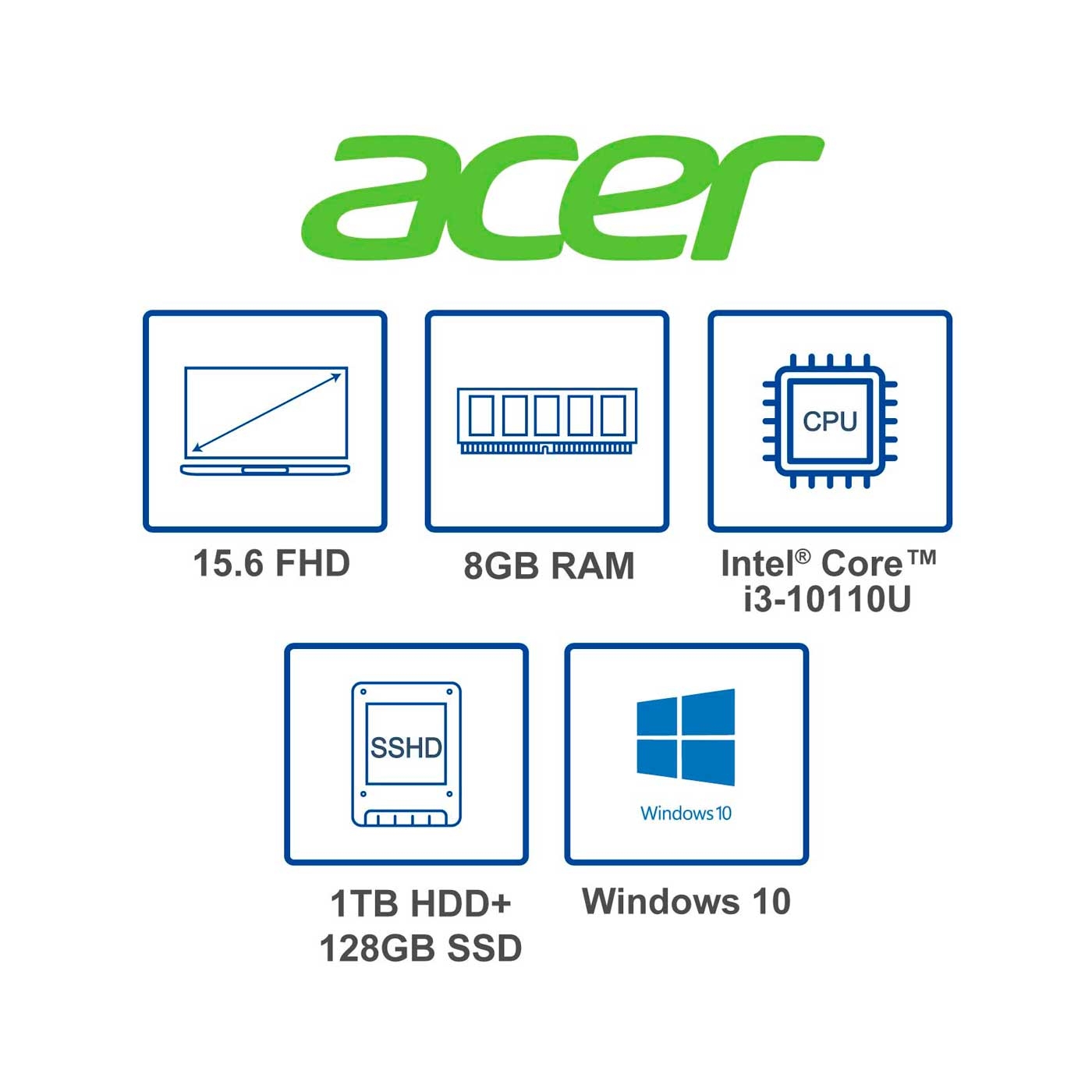 Computador Portátil ACER 15.6" Pulgadas 36D2 - Intel Core i3 - RAM 8GB - Disco SSHD 1 TB+128 GB - Negro