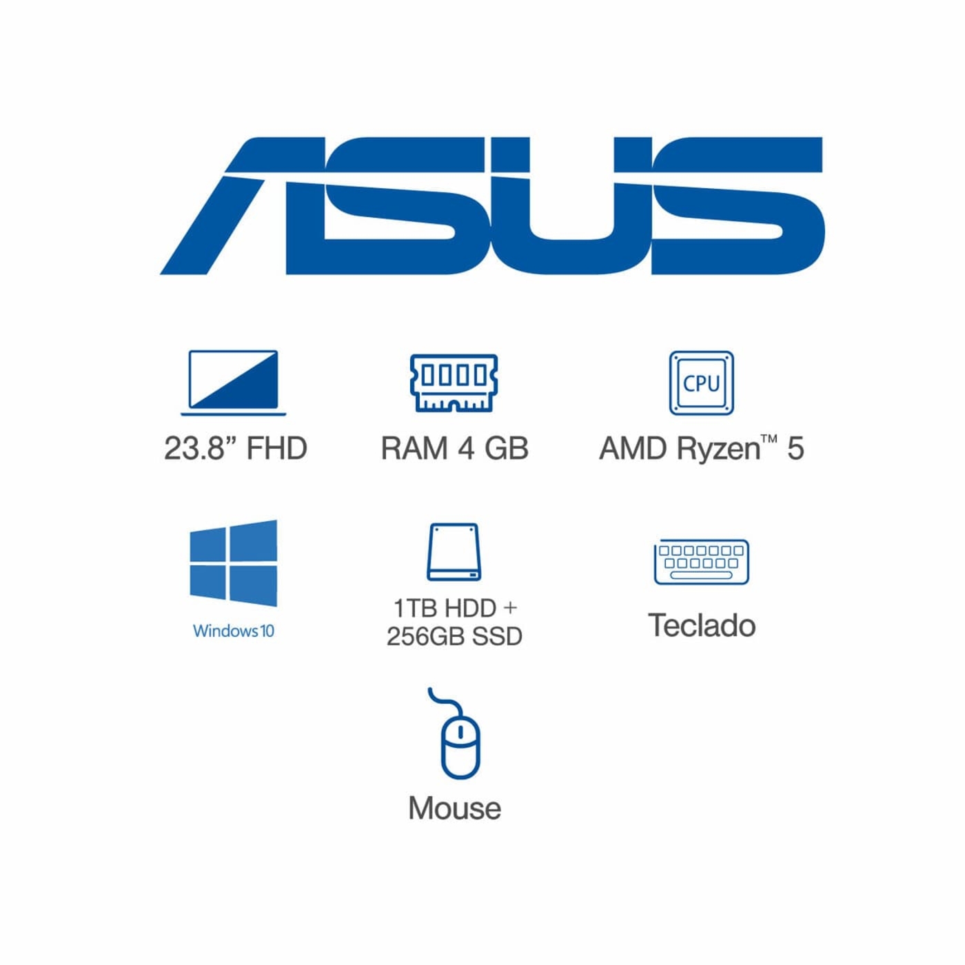 Computador All In One ASUS Vivo AIO 23,8" Pulgadas M241DAK-BA135T AMD Ryzen 5 - 4GB RAM - Disco Híbrido 1TB HDD + 256GB SSD – Negro