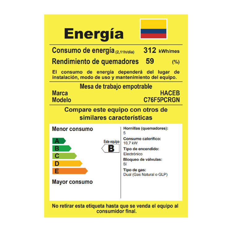 Estufa de empotrar HACEB 76cms 5 Puestos Gas Natural APL CG 76 Negro Estufa de empotrar HACEB 76cms 5 Puestos Gas Natural APL CG 76 Negro