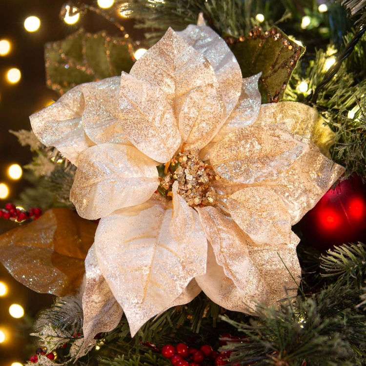 Adorno Navideño Rama Flor JOY Flor Poinsettia Blanca/Dorada 50 cm Adorno Navideño Rama Flor JOY Flor Poinsettia Blanca/Dorada 50 cm