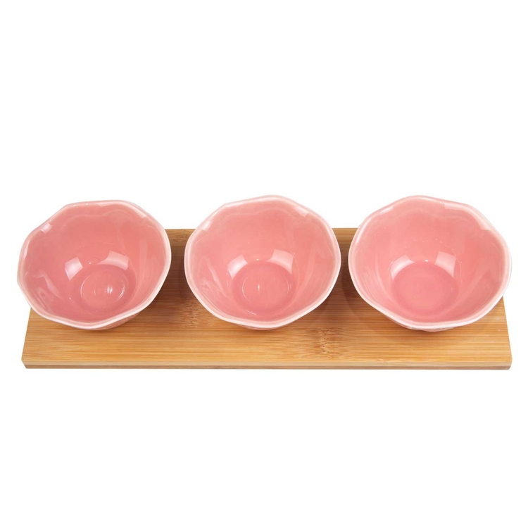 Set x 4 Piezas FREE HOME Platos para Snack Redondos Rosa + Bandeja de Bambú Set x 4 Piezas FREE HOME Platos para Snack Redondos Rosa + Bandeja de Bambú