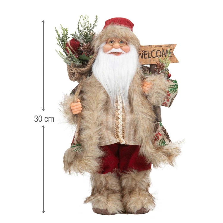 Muñeco Papá Noel JOY con Abrigo Café y Letrero Welcome 30 cm Muñeco Papá Noel JOY con Abrigo Café y Letrero Welcome 30 cm