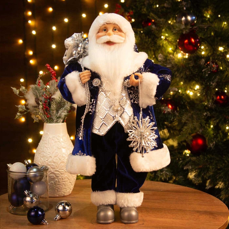 Muñeco Papá Noel JOY Con Traje Azul, Bolsa de Regalos y Estrella 45 cm Muñeco Papá Noel JOY Con Traje Azul, Bolsa de Regalos y Estrella 45 cm