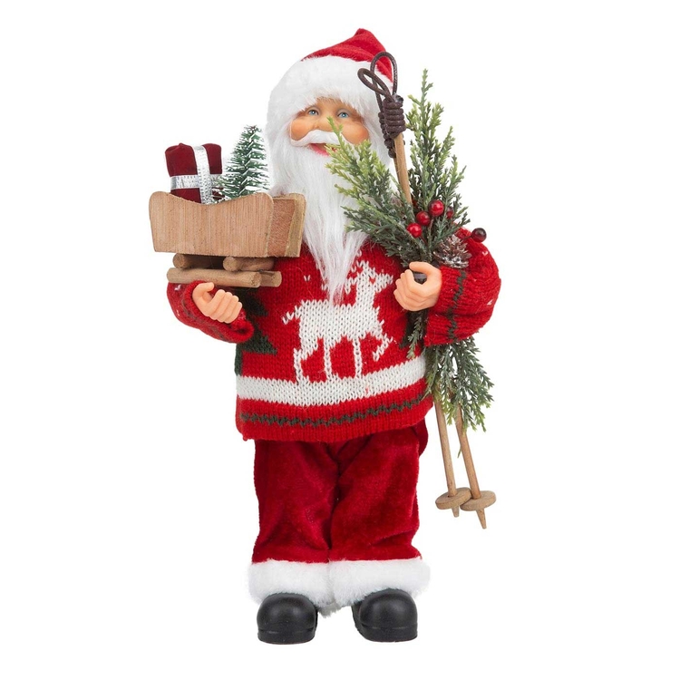 Muñeco Papá Noel JOY Abrigo de Lana Rojo con Bastones de Esquí 30 cm Muñeco Papá Noel JOY Abrigo de Lana Rojo con Bastones de Esquí 30 cm