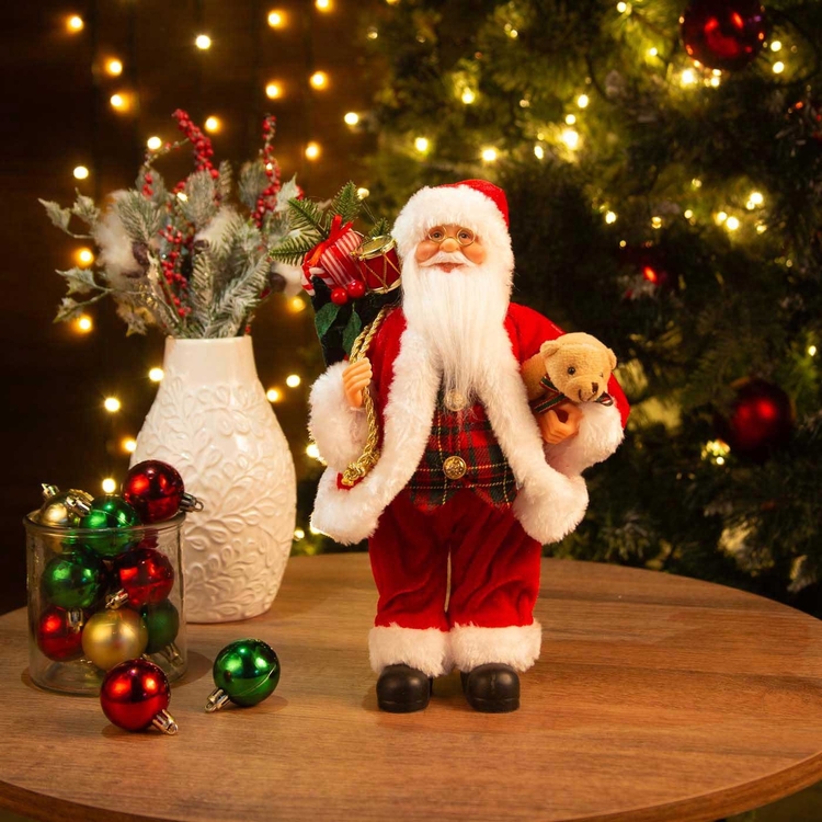 Muñeco Papá Noel JOY con Bolsa de Regalos, Tambor y Oso de Peluche 30 cm Muñeco Papá Noel JOY con Bolsa de Regalos, Tambor y Oso de Peluche 30 cm