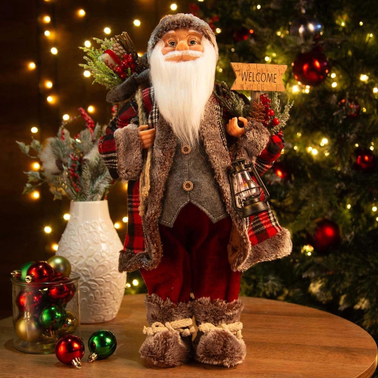 Muñeco Papá Noel JOY con Bolsa de Regalos, Farol y Letrero 45 cm Muñeco Papá Noel JOY con Bolsa de Regalos, Farol y Letrero 45 cm