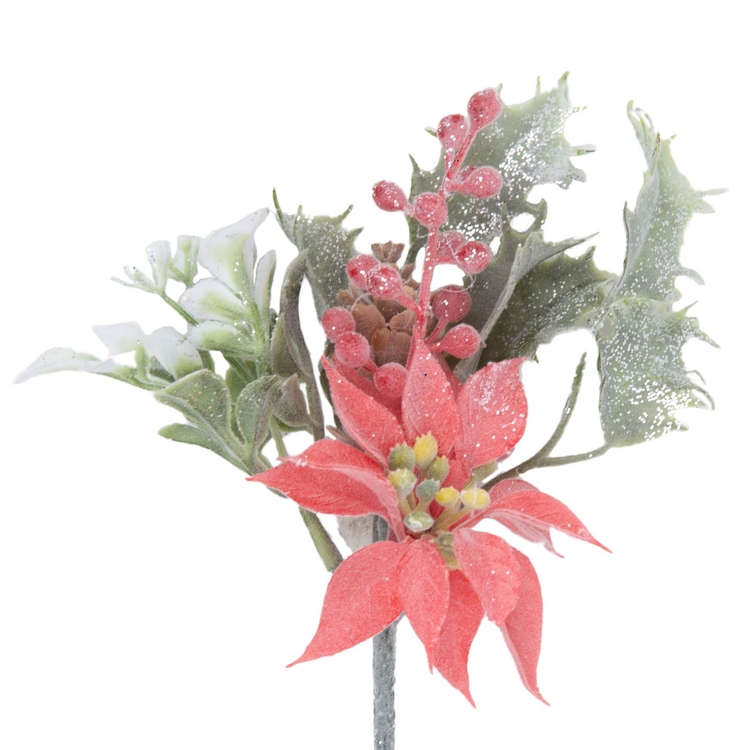 Adorno Navideño Rama Flor JOY con Hojas, Berry y Poinsettia Tallo Corto 33 cm Adorno Navideño Rama Flor JOY con Hojas, Berry y Poinsettia Tallo Corto 33 cm
