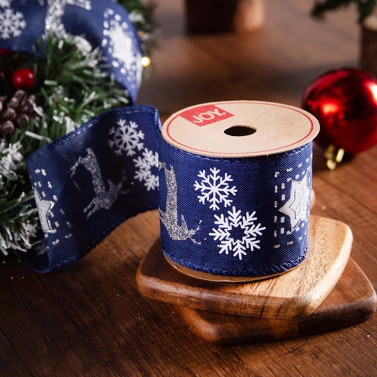 Cinta Navideña JOY Reno, Estrellas y Copos de Nieve Azul 6.3 cm Cinta Navideña JOY Reno, Estrellas y Copos de Nieve Azul 6.3 cm