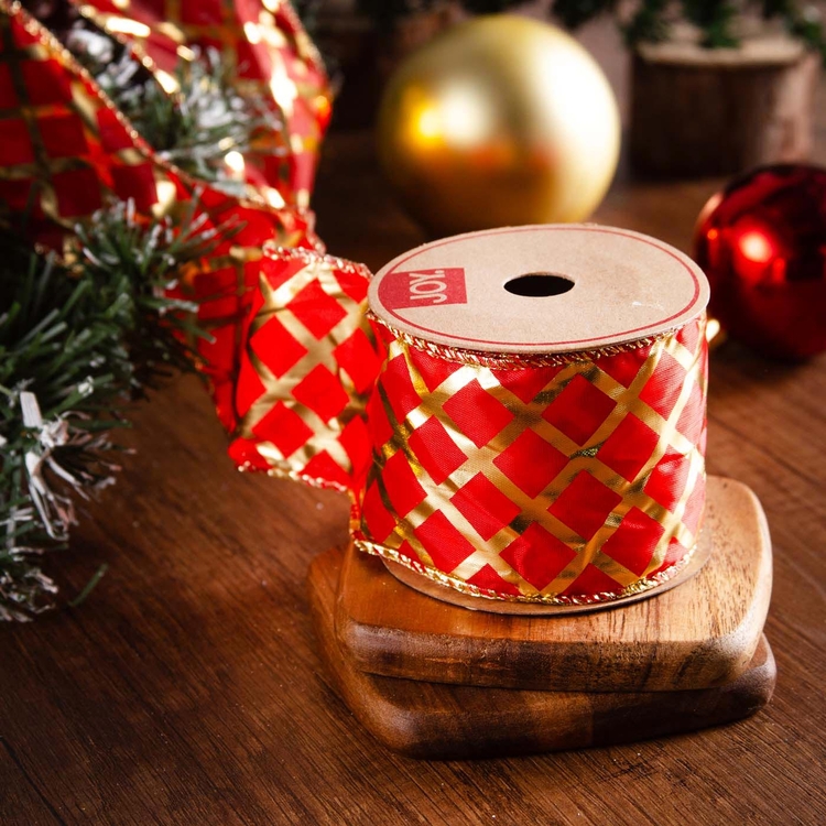 Cinta Navideña JOY Roja Rombos Dorados 6.3 cm Cinta Navideña JOY Roja Rombos Dorados 6.3 cm