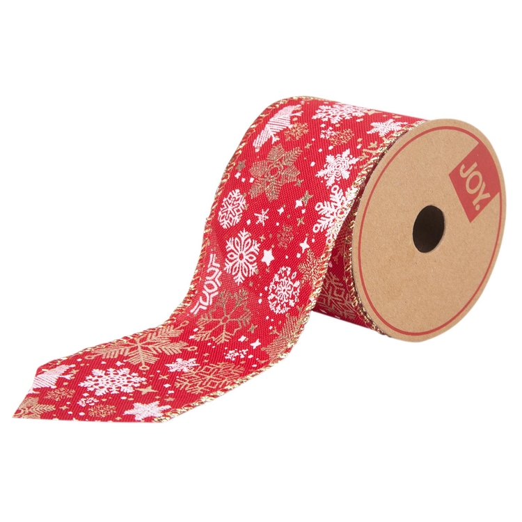 Cinta Navideña JOY Roja con Copos de Nieve Blanco/Dorada 6.3 cm Cinta Navideña JOY Roja con Copos de Nieve Blanco/Dorada 6.3 cm