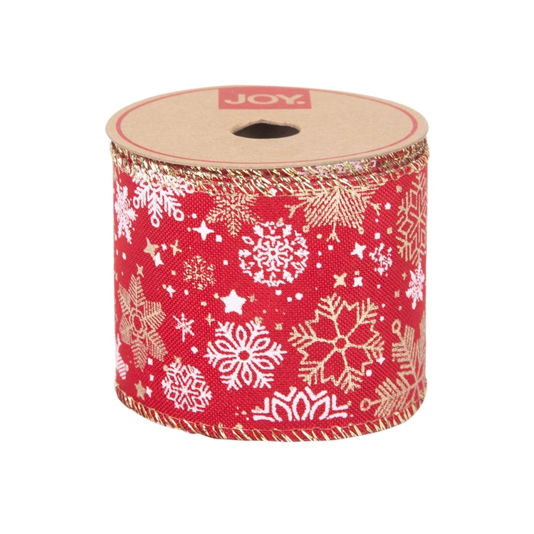 Cinta Navideña JOY Roja con Copos de Nieve Blanco/Dorada 6.3 cm Cinta Navideña JOY Roja con Copos de Nieve Blanco/Dorada 6.3 cm