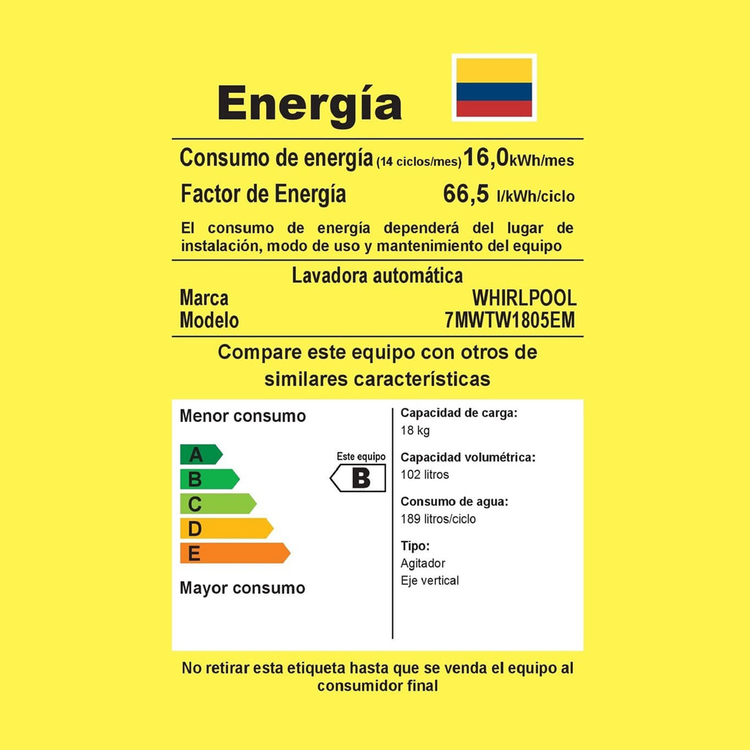 Lavadora WHIRLPOOL Carga Superior 18 Kilos 7MWTW1805EM Blanco