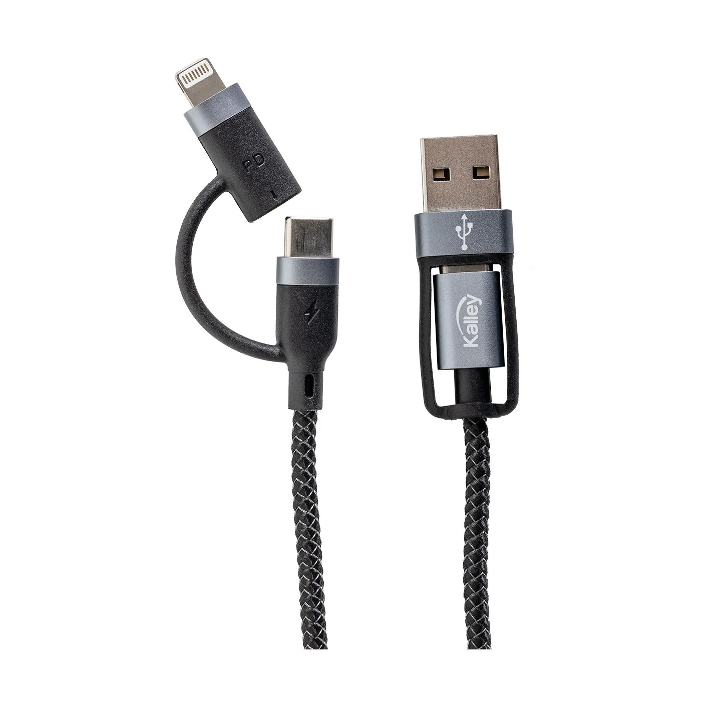 Cable KALLEY 4 en 1 USB|USB-C a USB-C|Lightning de 1 Metro Negro